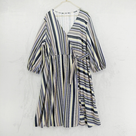 Ophelia & Co. Dresses & Skirts - Ophelia Roe Multi Color Striped V-Neck Dress Mock Wrap Midi Dress P3
